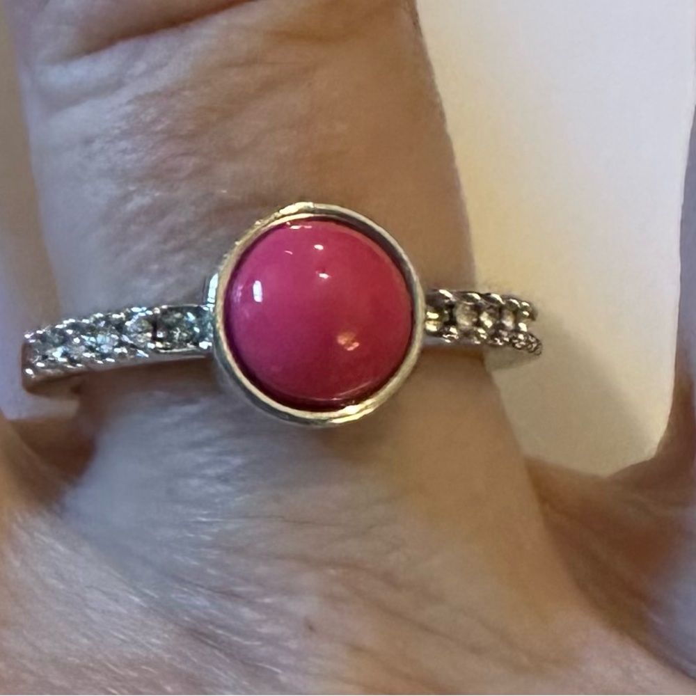LIA SOPHIA Pink Candy Dot Silver Ring with Faux Diamond Band Sz 8